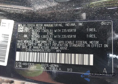 2021 Toyota Highlander Xle from USA, damaged, VIN 5TDGZRAH6MS063393